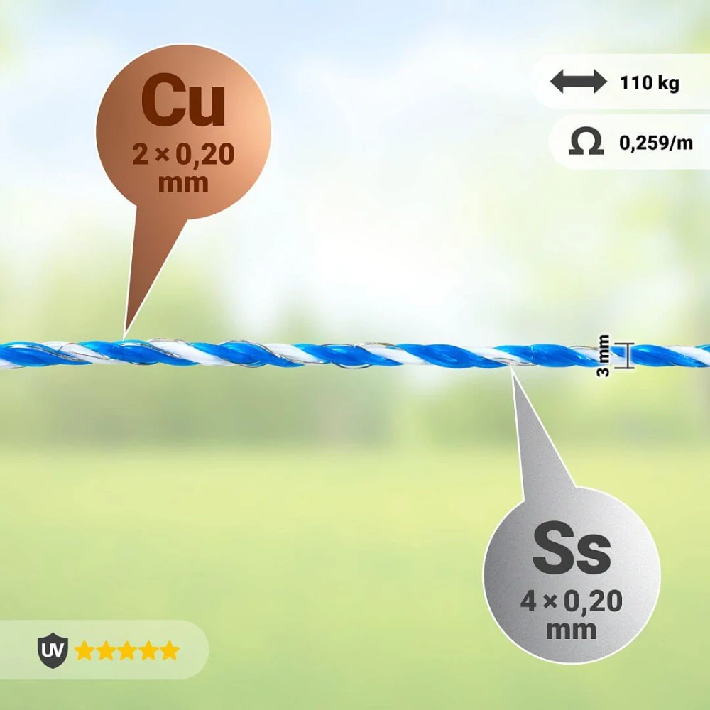 Lanko pro elektrický ohradník, průměr 3 mm, délka 400 metrů, bílo-modré, 0,2 Ω/m
