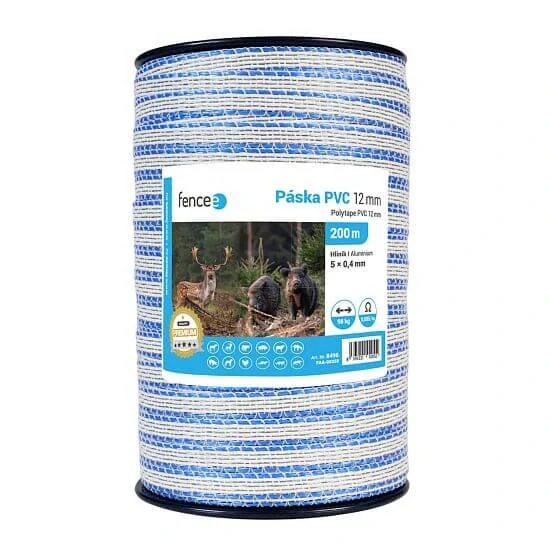 Páska PVC pro elektrický ohradník, šířka 12 mm, bílo-modrá, 200 m, 0,01 Ω/m